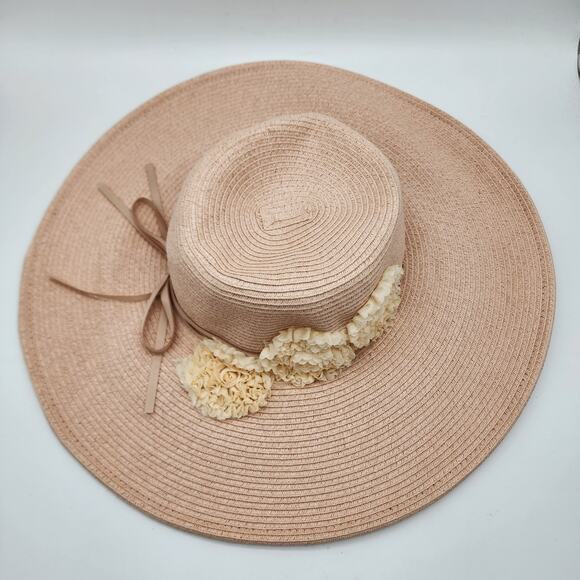 August Hat Company Wide Brim Floppy Hat Woven Floral Tie Detail Beach Tropical - Picture 16 of 16